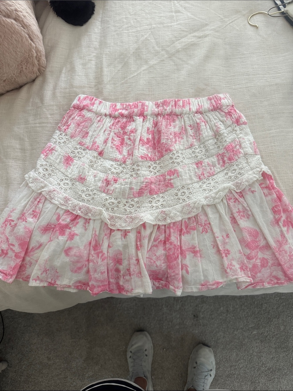 LoveShackFancy XS White & Pink Floral Lace-Tiered Skirt
